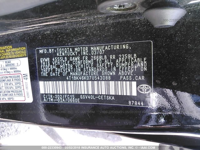 4T1BK46K07U543088 - 2007 TOYOTA CAMRY NEW GENERAT LE/XLE/SE BLACK photo 9