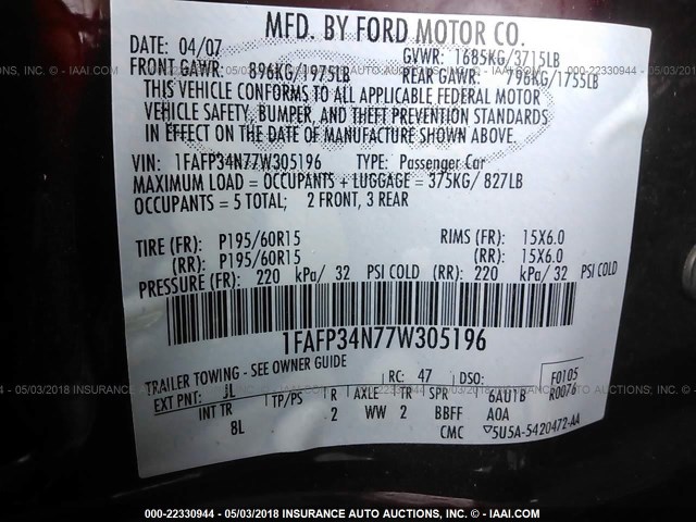 1FAFP34N77W305196 - 2007 FORD FOCUS ZX4/S/SE/SES 栗色 照片 9