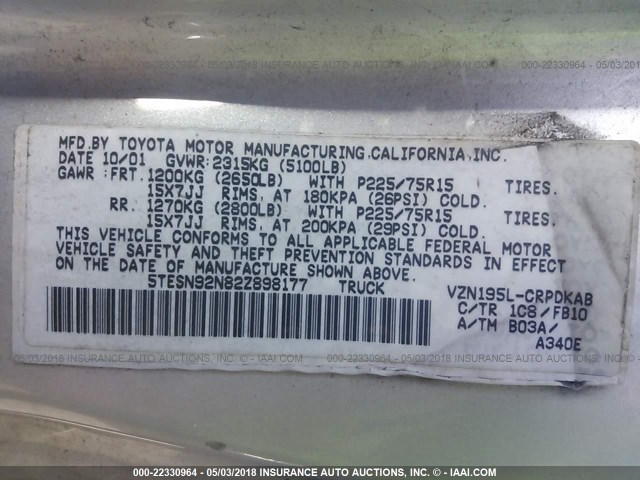 5TESN92N82Z898177 - 2002 TOYOTA TACOMA XTRACAB PRERUNNER ვერცხლისფერი ფოტო 9