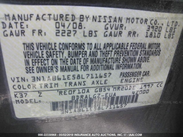 3N1AB61E58L711657 - 2008 NISSAN SENTRA 2.0/2.0S/2.0SL BROWN photo 9