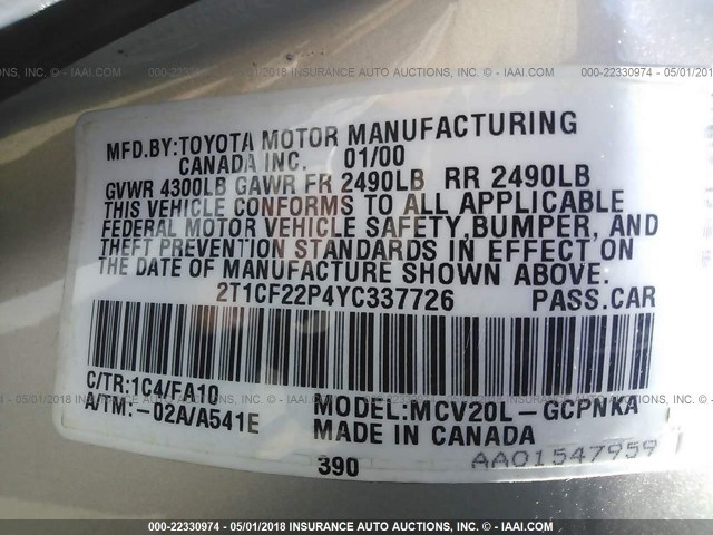 2T1CF22P4YC337726 - 2000 TOYOTA CAMRY SOLARA SE/SLE ვერცხლისფერი ფოტო 9
