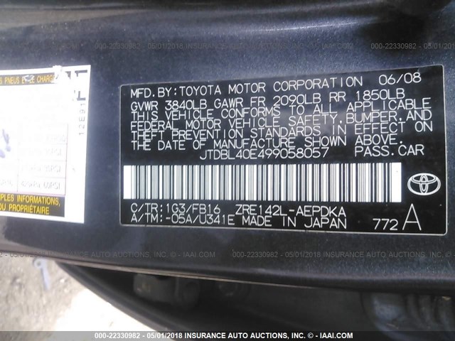 JTDBL40E499058057 - 2009 TOYOTA COROLLA LE/XLE GRAY photo 9