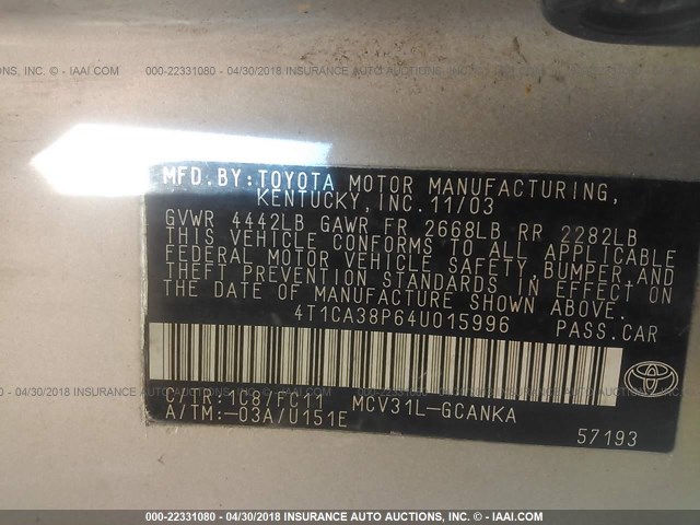 4T1CA38P64U015996 - 2004 TOYOTA CAMRY SOLARA SE/SLE SILVER photo 9