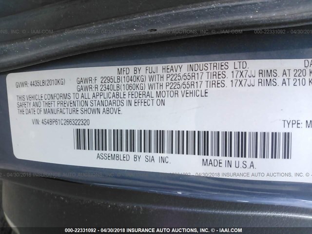 4S4BP61C266322320 - 2006 SUBARU LEGACY OUTBACK 2.5I BLUE photo 9