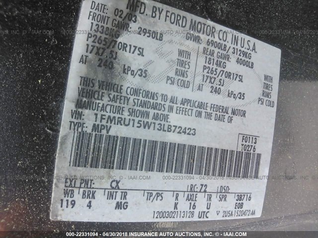 1FMRU15W13LB72423 - 2003 FORD EXPEDITION XLT ნაცრისფერი ფოტო 9