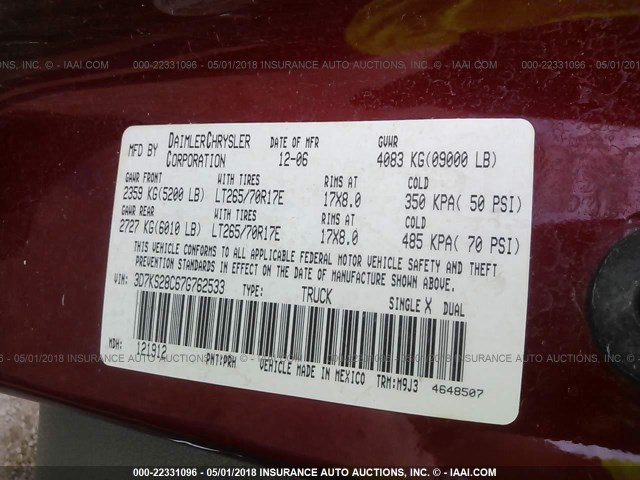 3D7KS28C67G762533 - 2007 DODGE RAM 2500 ST/SLT BURGUNDY photo 9