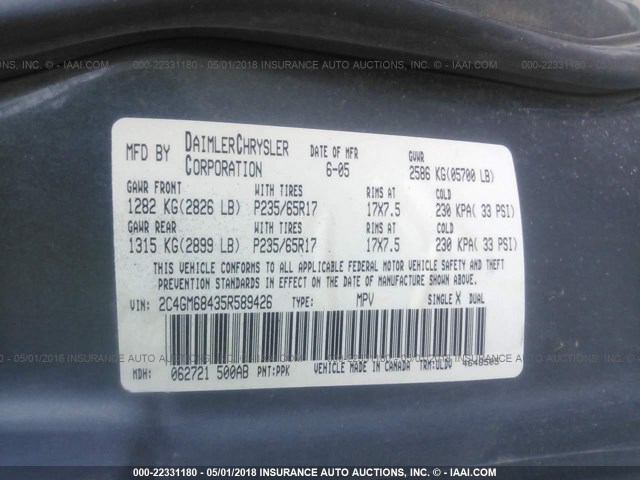 2C4GM68435R589426 - 2005 CHRYSLER PACIFICA TOURING GREEN photo 9