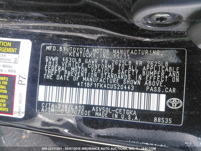 4T1BF1FK4CU520443 - 2012 TOYOTA CAMRY SE/LE/XLE BLACK photo 9
