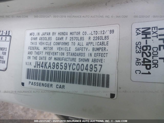 JH4KA9659YC004957 - 2000 ACURA 3.5RL WHITE photo 9