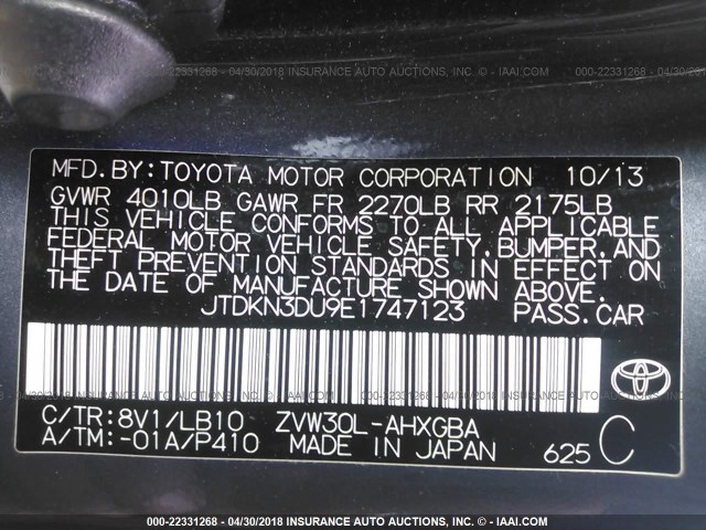 JTDKN3DU9E1747123 - 2014 TOYOTA PRIUS GRAY photo 9