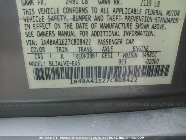 1N4BA41E27C808422 - 2007 NISSAN MAXIMA SE/SL GOLD photo 9