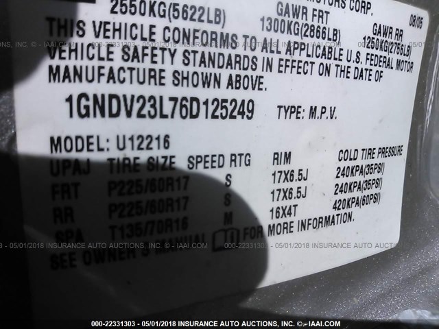 1GNDV23L76D125249 - 2006 CHEVROLET UPLANDER LS SILVER photo 9
