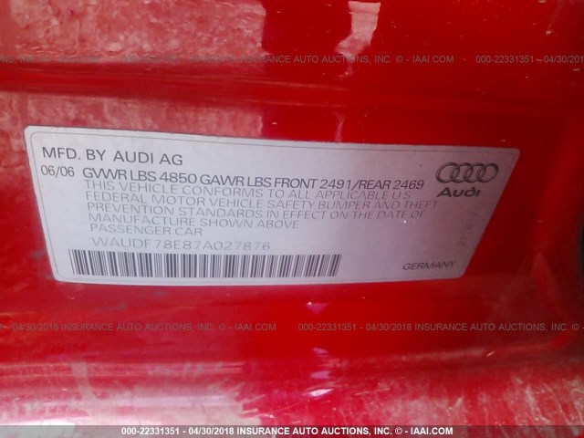 WAUDF78E87A027876 - 2007 AUDI A4 2.0T QUATTRO RED photo 9