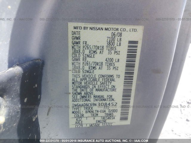 1N6AA06C69N308452 - 2009 NISSAN TITAN XE/SE/LE/PRO-4X SILVER photo 9