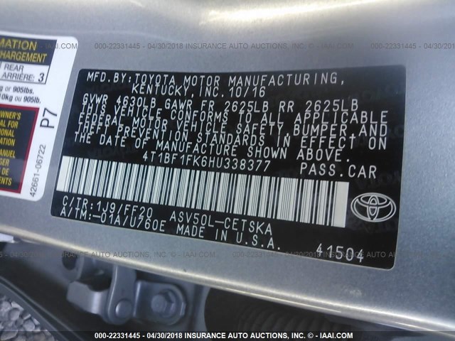 4T1BF1FK6HU338377 - 2017 TOYOTA CAMRY LE/XLE/SE/XSE GRAY photo 9
