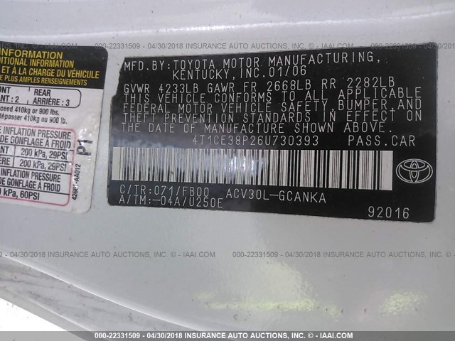 4T1CE38P26U730393 - 2006 TOYOTA CAMRY SOLARA SE/SLE 白色 照片 9