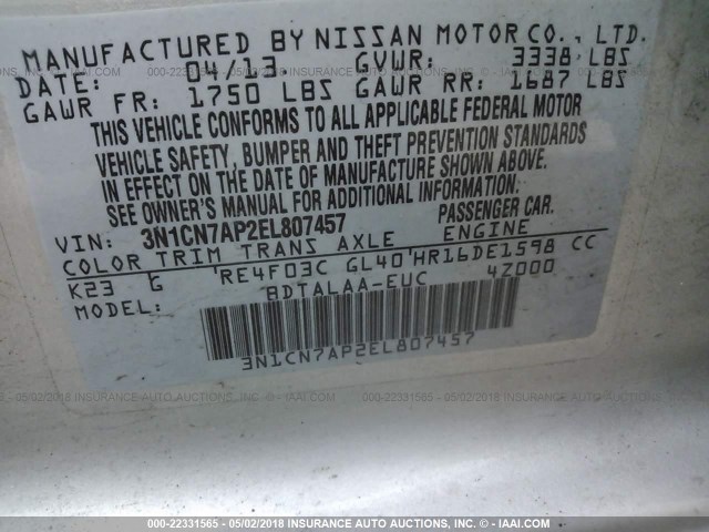 3N1CN7AP2EL807457 - 2014 NISSAN VERSA S/S PLUS/SV/SL SILVER photo 9