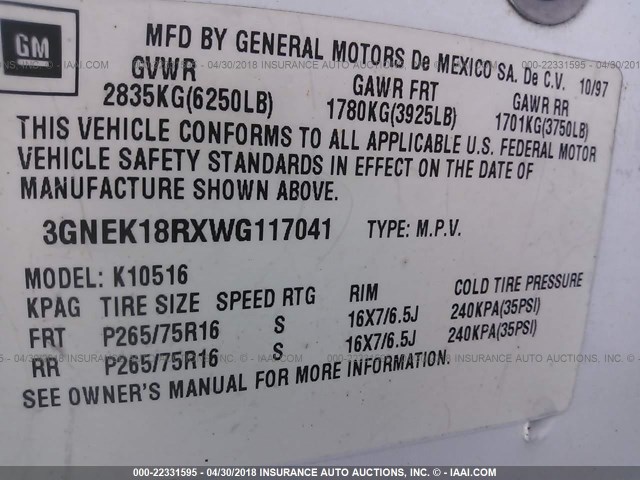 3GNEK18RXWG117041 - 1998 CHEVROLET TAHOE K1500 WHITE photo 9