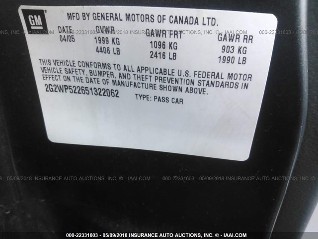 2G2WP522651322062 - 2005 PONTIAC GRAND PRIX Boz foto 9