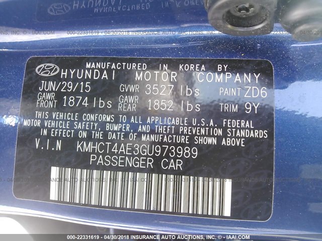 KMHCT4AE3GU973989 - 2016 HYUNDAI ACCENT SE BLUE photo 9