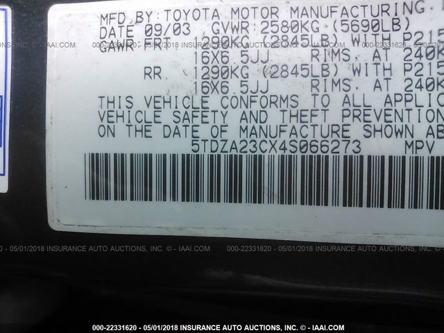 5TDZA23CX4S066273 - 2004 TOYOTA SIENNA CE/LE GREEN photo 9