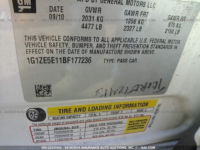 1G1ZE5E11BF177236 - 2011 CHEVROLET MALIBU LTZ 白色 照片 9