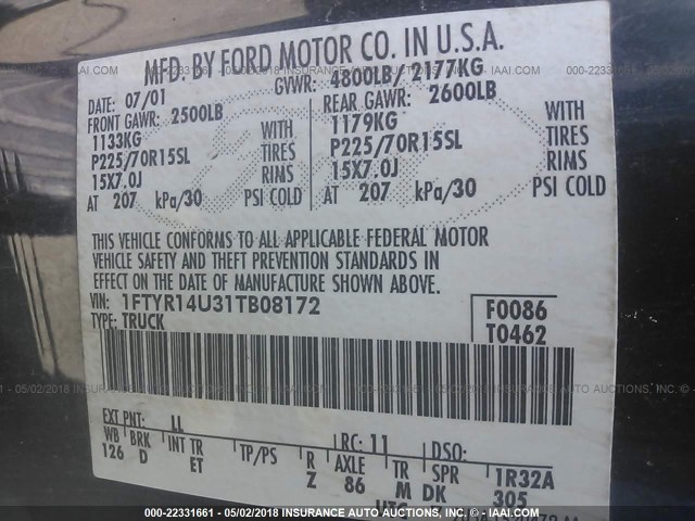 1FTYR14U31TB08172 - 2001 FORD RANGER SUPER CAB Dark Blue photo 9