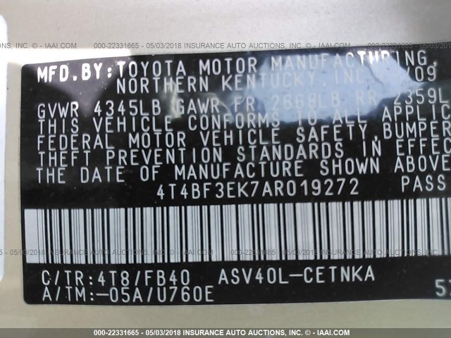 4T4BF3EK7AR019272 - 2010 TOYOTA CAMRY SE/LE/XLE GOLD photo 9