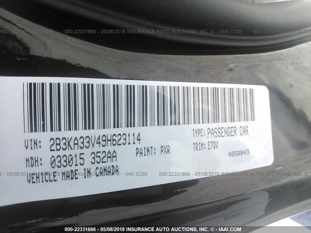 2B3KA33V49H623114 - 2009 DODGE CHARGER SXT BLACK photo 9