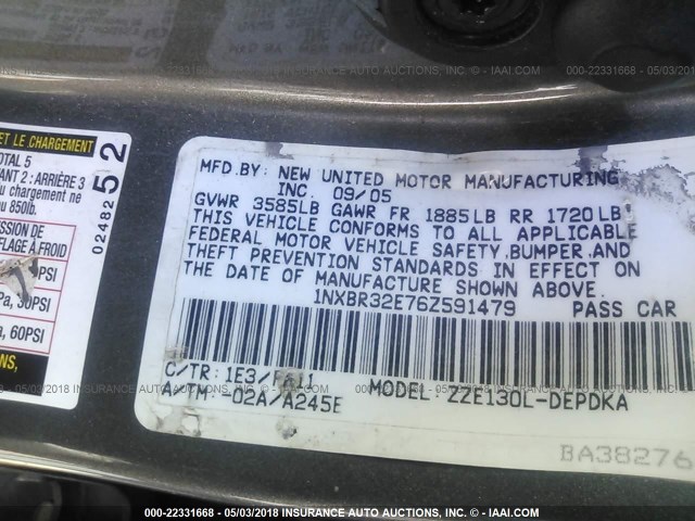 1NXBR32E76Z591479 - 2006 TOYOTA COROLLA CE/LE/S GRAY photo 9