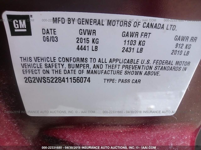 2G2WS522841156074 - 2004 PONTIAC GRAND PRIX GT2 MAROON photo 9