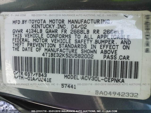 4T1BE32K52U582002 - 2002 TOYOTA CAMRY LE/XLE/SE 绿色 照片 9