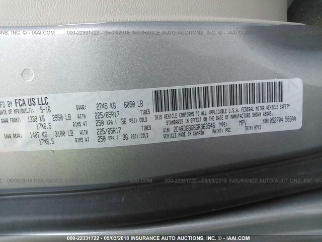 2C4RDGBG6GR363546 - 2016 DODGE GRAND CARAVAN SE SILVER photo 9