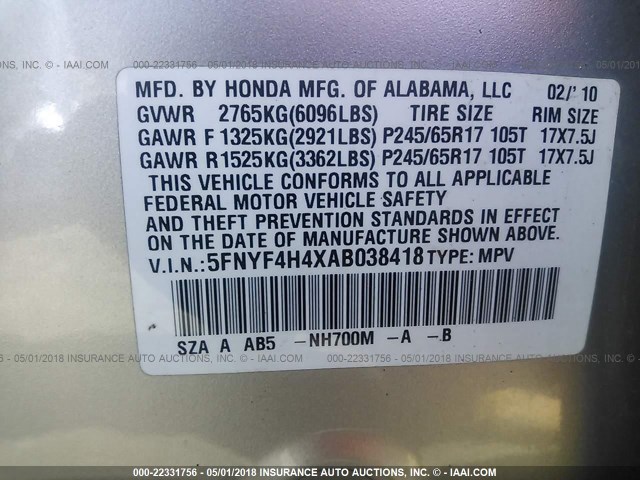 5FNYF4H4XAB038418 - 2010 HONDA PILOT EX SILVER photo 9