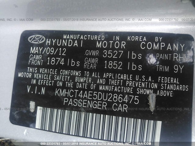 KMHCT4AE5DU286475 - 2013 HYUNDAI ACCENT GLS/GS SILVER photo 9