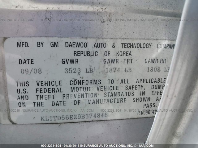 KL1TD56E29B374846 - 2009 CHEVROLET AVEO LS/LT 银色 照片 9