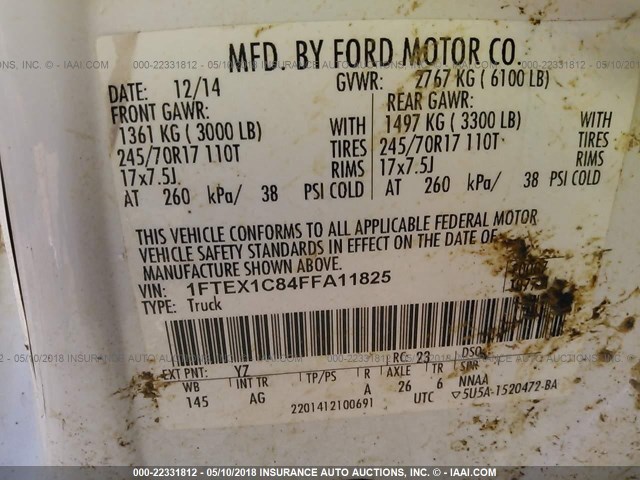 1FTEX1C84FFA11825 - 2015 FORD F150 SUPER CAB WHITE photo 9