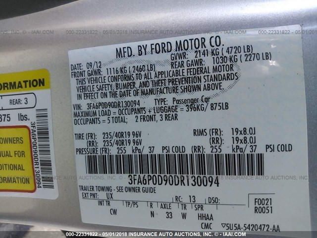 3FA6P0D90DR130094 - 2013 FORD FUSION TITANIUM SILVER photo 9