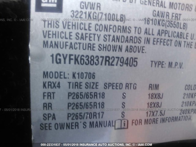 1GYFK63837R279405 - 2007 CADILLAC ESCALADE LUXURY შავი ფოტო 9