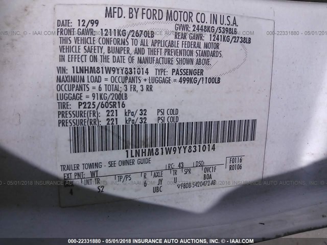 1LNHM81W9YY831014 - 2000 LINCOLN TOWN CAR EXECUTIVE WHITE photo 9