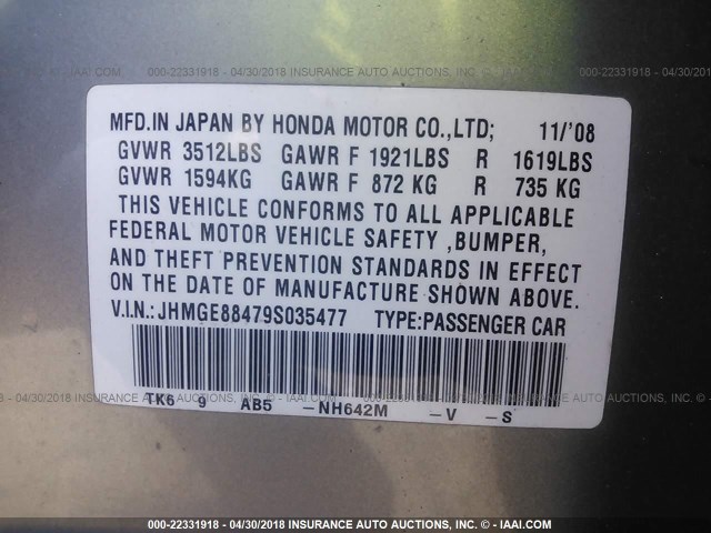 JHMGE88479S035477 - 2009 HONDA FIT SPORT GRAY photo 9