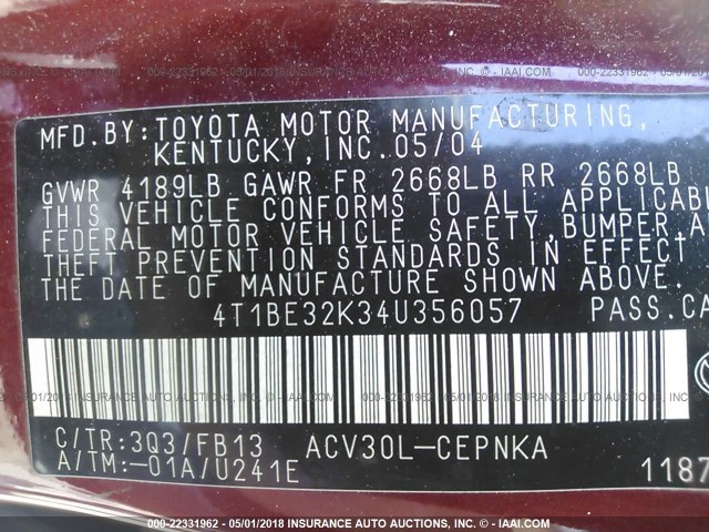 4T1BE32K34U356057 - 2004 TOYOTA CAMRY LE/XLE/SE მუქწითელი ფოტო 9