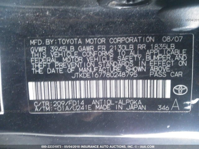JTKDE167780248795 - 2008 TOYOTA SCION TC 黑色 照片 9