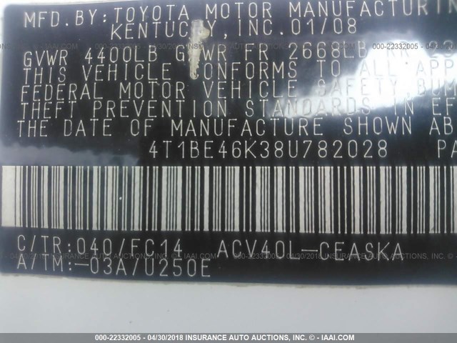 4T1BE46K38U782028 - 2008 TOYOTA CAMRY CE/LE/XLE/SE WHITE photo 9