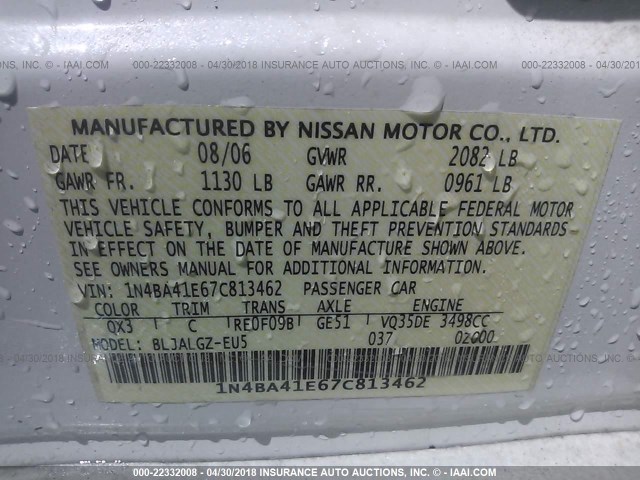 1N4BA41E67C813462 - 2007 NISSAN MAXIMA SE/SL WHITE photo 9