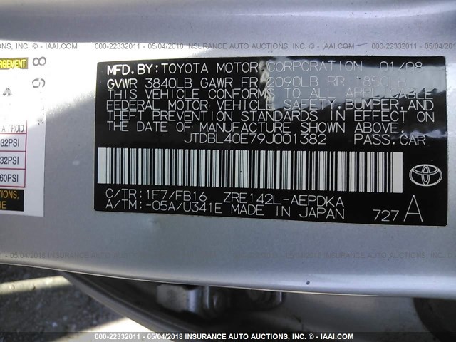 JTDBL40E79J001382 - 2009 TOYOTA COROLLA LE/XLE SILVER photo 9