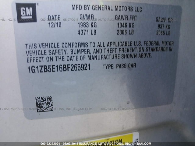 1G1ZB5E16BF265921 - 2011 CHEVROLET MALIBU LS 米色 照片 9