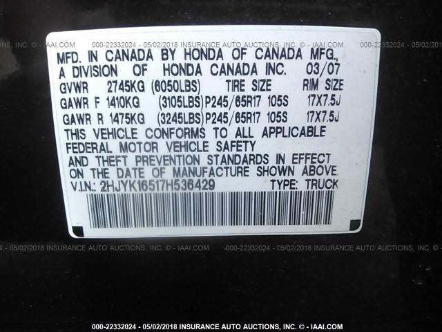 2HJYK16517H536429 - 2007 HONDA RIDGELINE RTL PURPLE photo 9