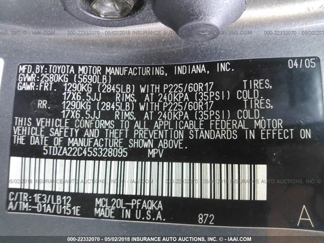 5TDZA22C45S328095 - 2005 TOYOTA SIENNA XLE/XLE LIMITED GRAY photo 9