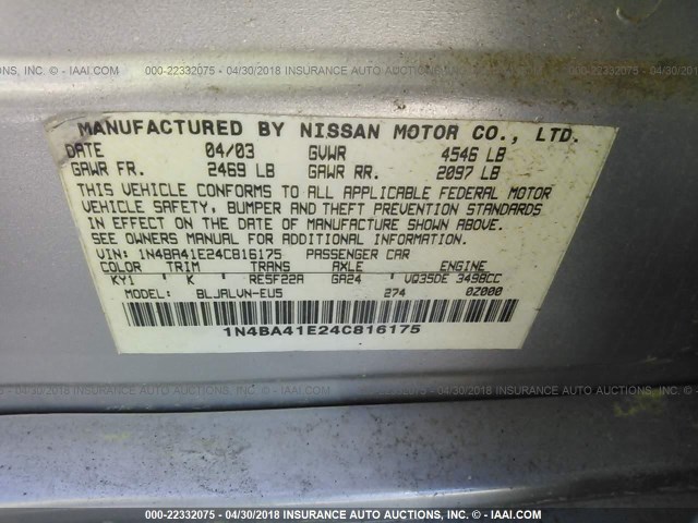 1N4BA41E24C816175 - 2004 NISSAN MAXIMA SE/SL SILVER photo 9